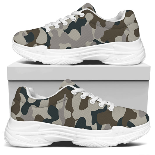 Grey And Brown Camouflage Print White Chunky Shoes