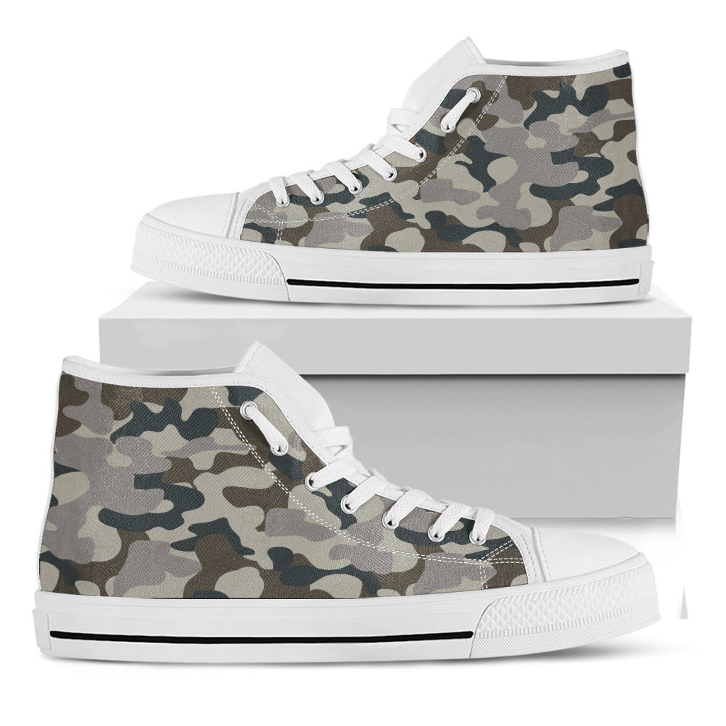 Grey And Brown Camouflage Print White High Top Sneakers