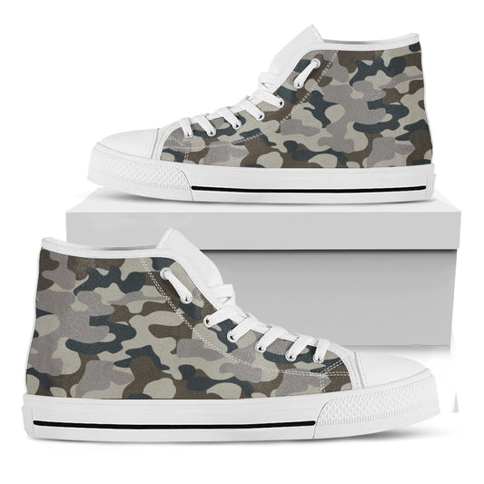 Grey And Brown Camouflage Print White High Top Sneakers