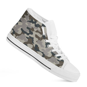 Grey And Brown Camouflage Print White High Top Sneakers