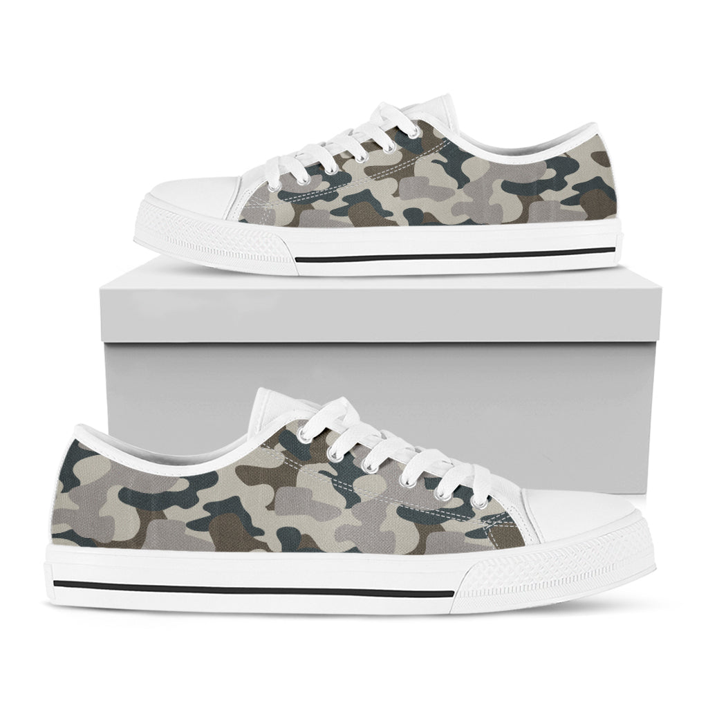 Grey And Brown Camouflage Print White Low Top Sneakers