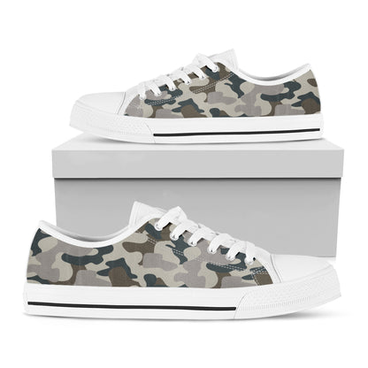 Grey And Brown Camouflage Print White Low Top Sneakers