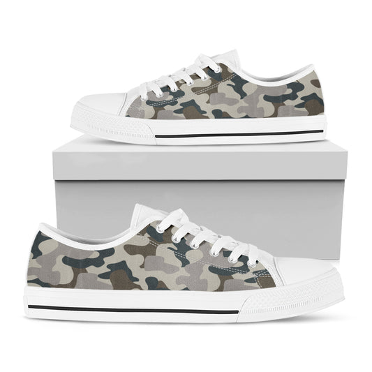 Grey And Brown Camouflage Print White Low Top Sneakers