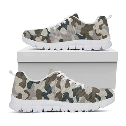 Grey And Brown Camouflage Print White Running Shoes