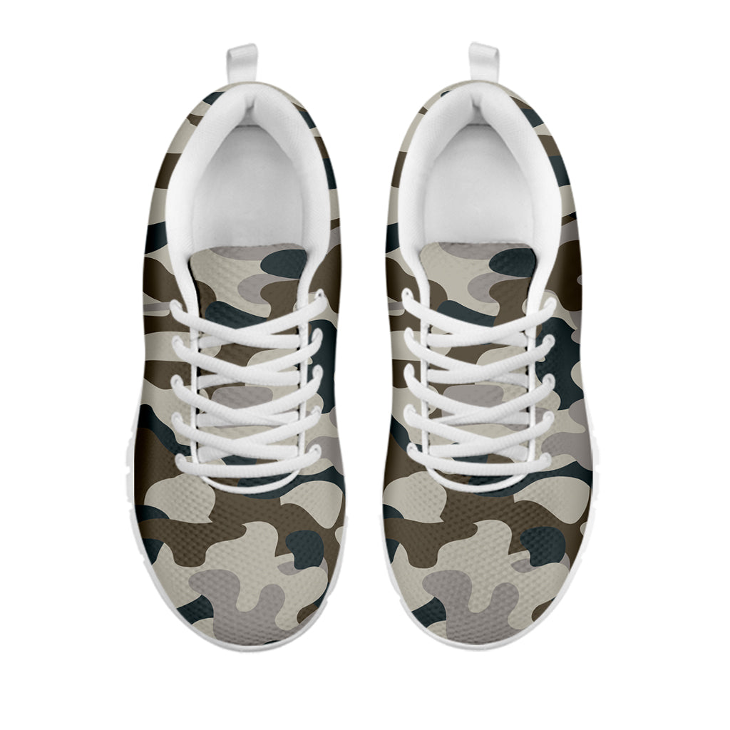 Grey And Brown Camouflage Print White Running Shoes