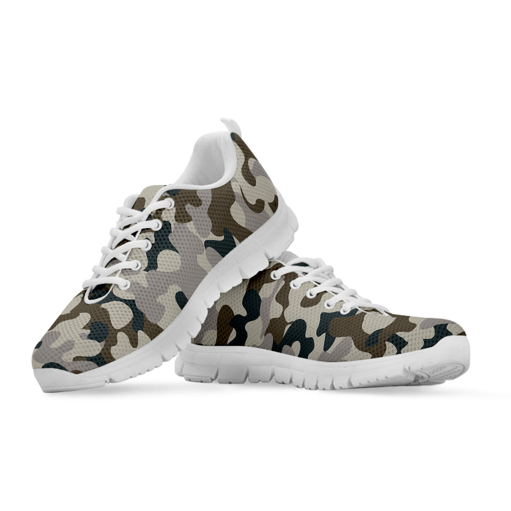 Grey And Brown Camouflage Print White Running Shoes