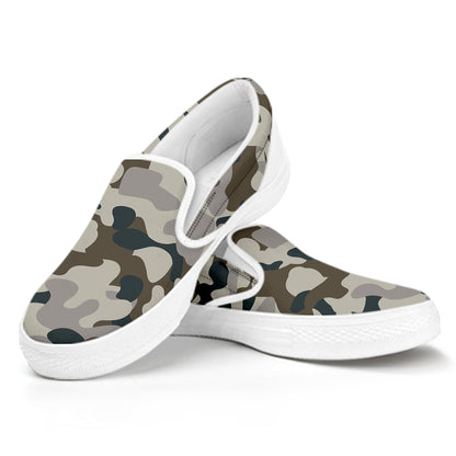 Grey And Brown Camouflage Print White Slip On Sneakers