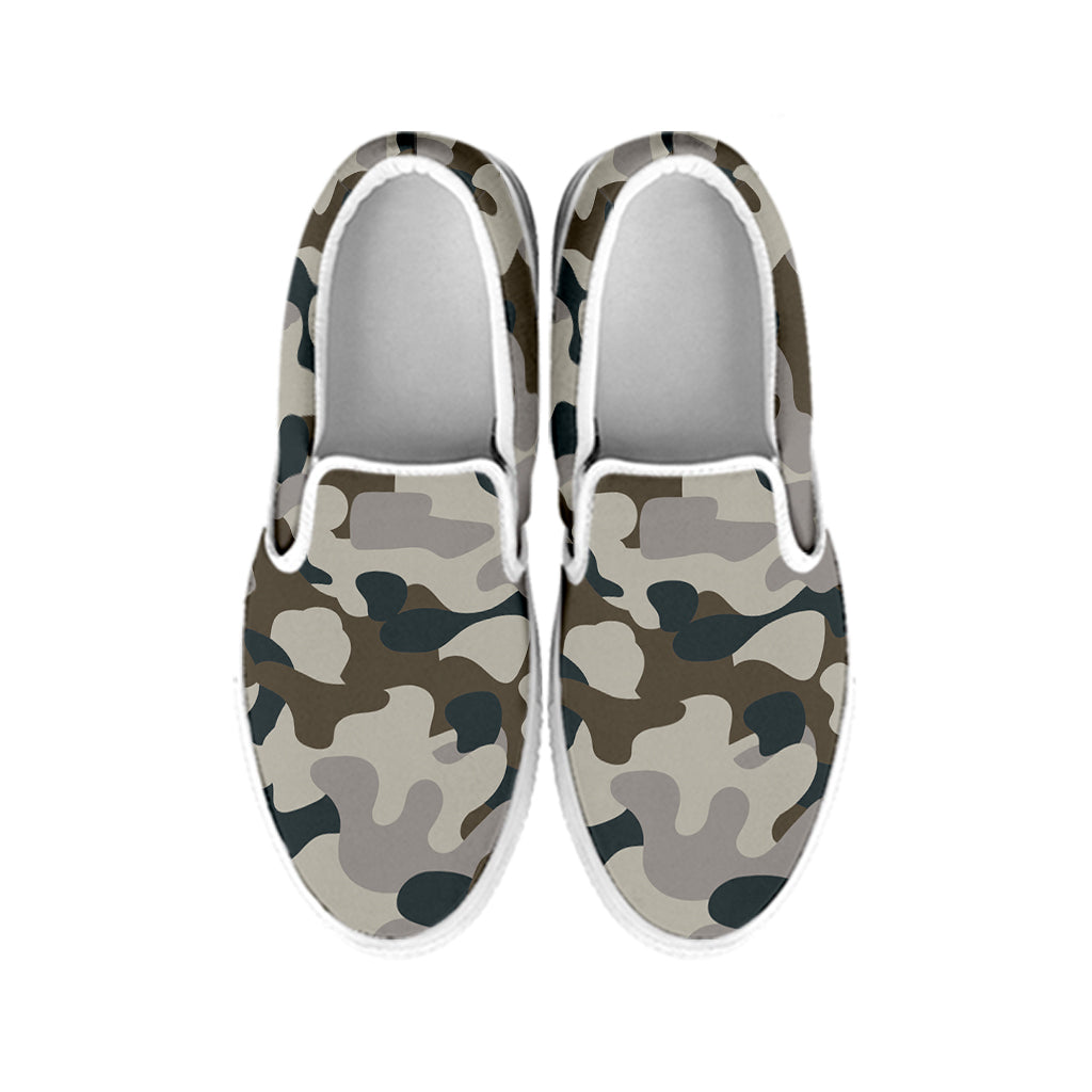 Grey And Brown Camouflage Print White Slip On Sneakers