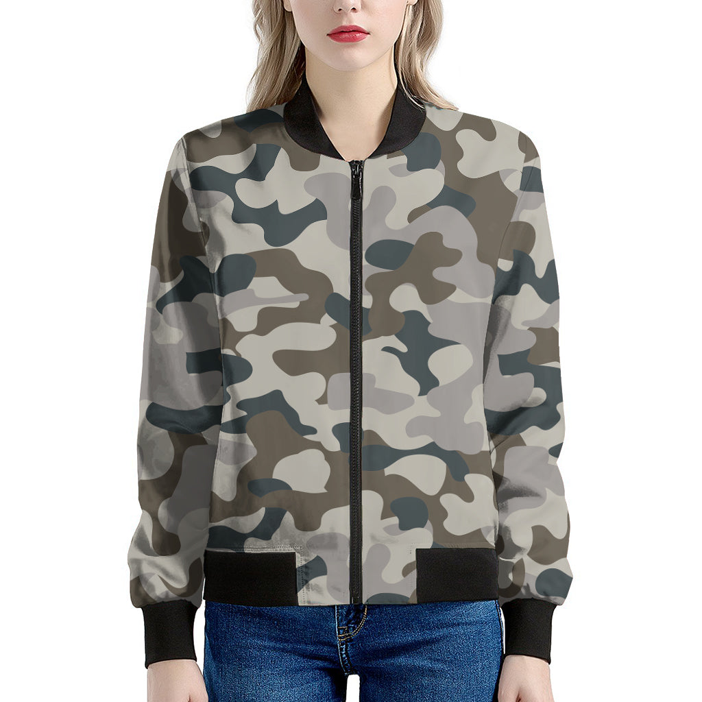 Grey And Brown Camouflage Print Women's Bomber Jacket