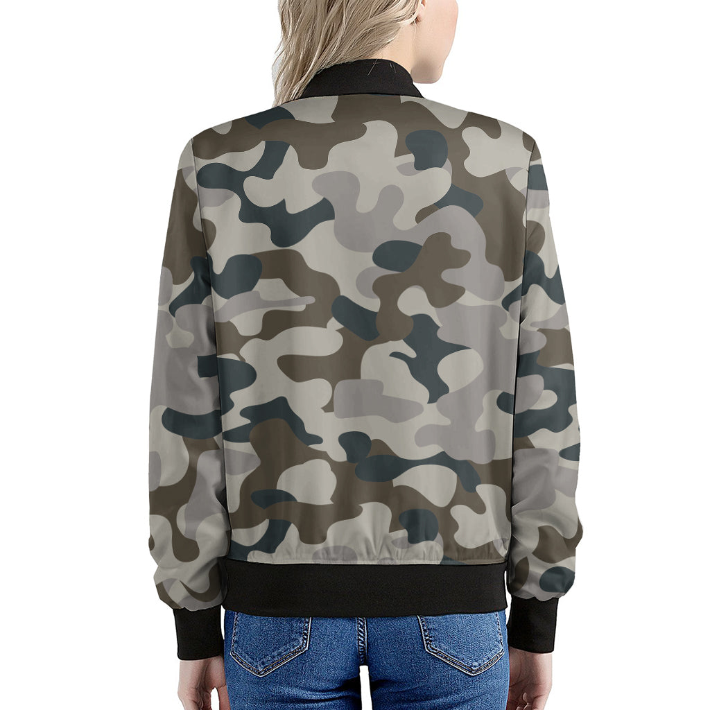 Grey And Brown Camouflage Print Women's Bomber Jacket