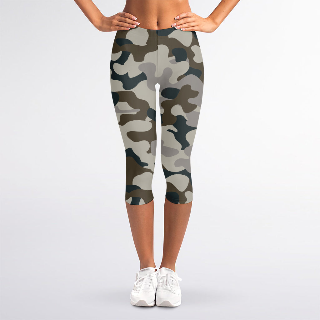 Grey And Brown Camouflage Print Women's Capri Leggings