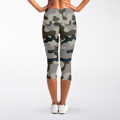Grey And Brown Camouflage Print Women's Capri Leggings
