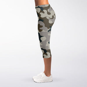 Grey And Brown Camouflage Print Women's Capri Leggings