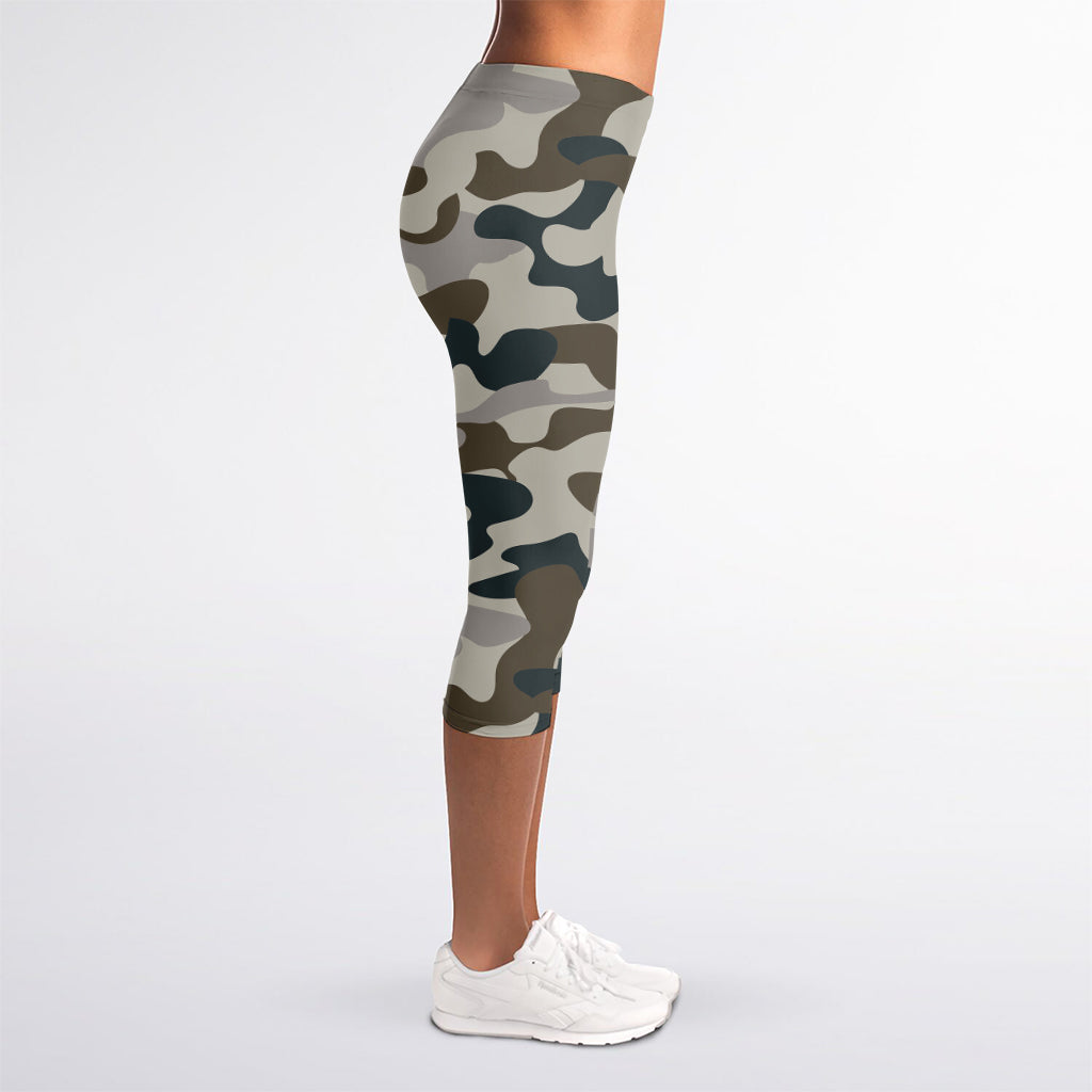 Grey And Brown Camouflage Print Women's Capri Leggings