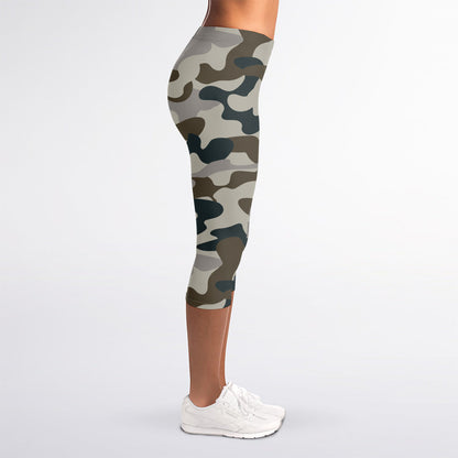 Grey And Brown Camouflage Print Women's Capri Leggings