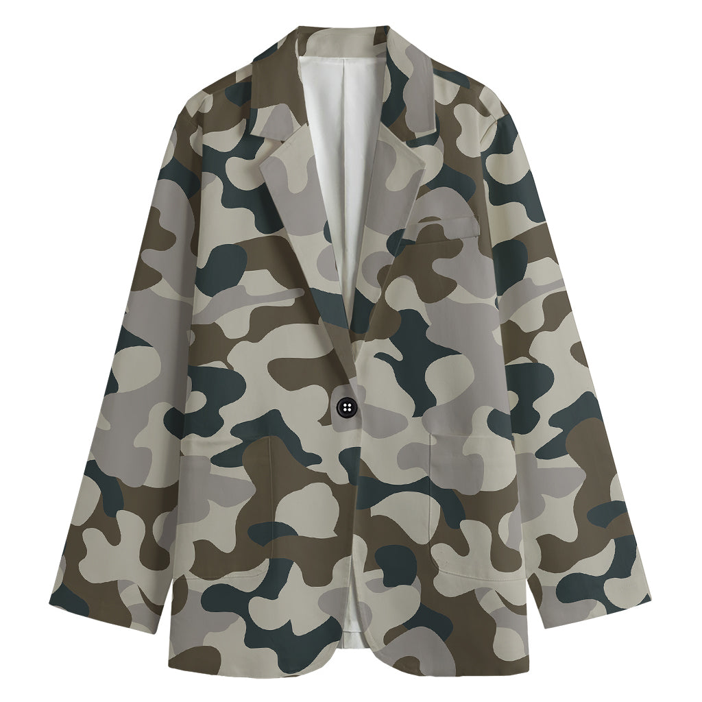 Grey And Brown Camouflage Print Women's Cotton Blazer