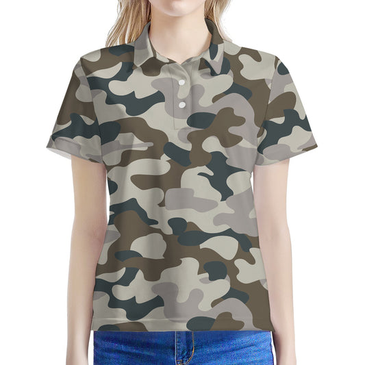 Grey And Brown Camouflage Print Women's Polo Shirt