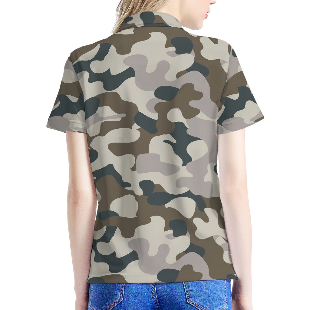 Grey And Brown Camouflage Print Women's Polo Shirt