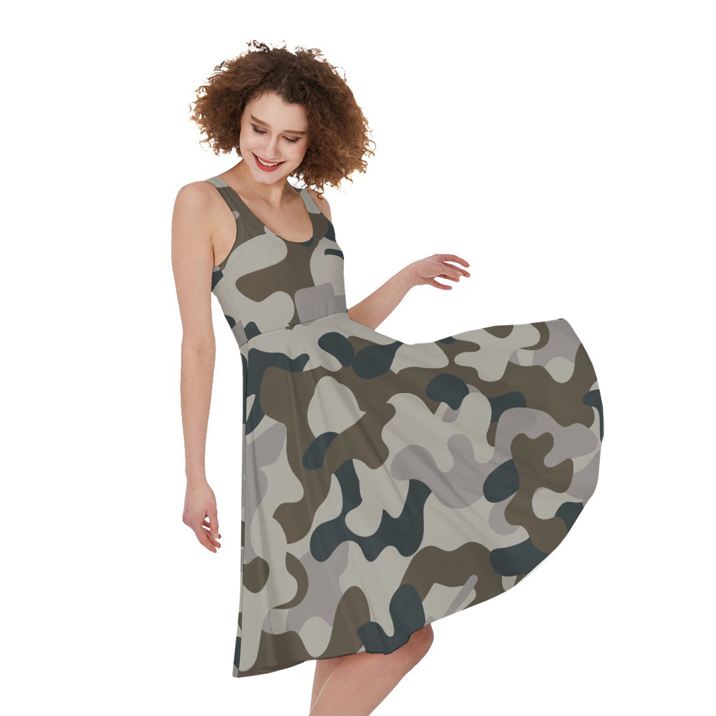 Grey And Brown Camouflage Print Women's Sleeveless Dress