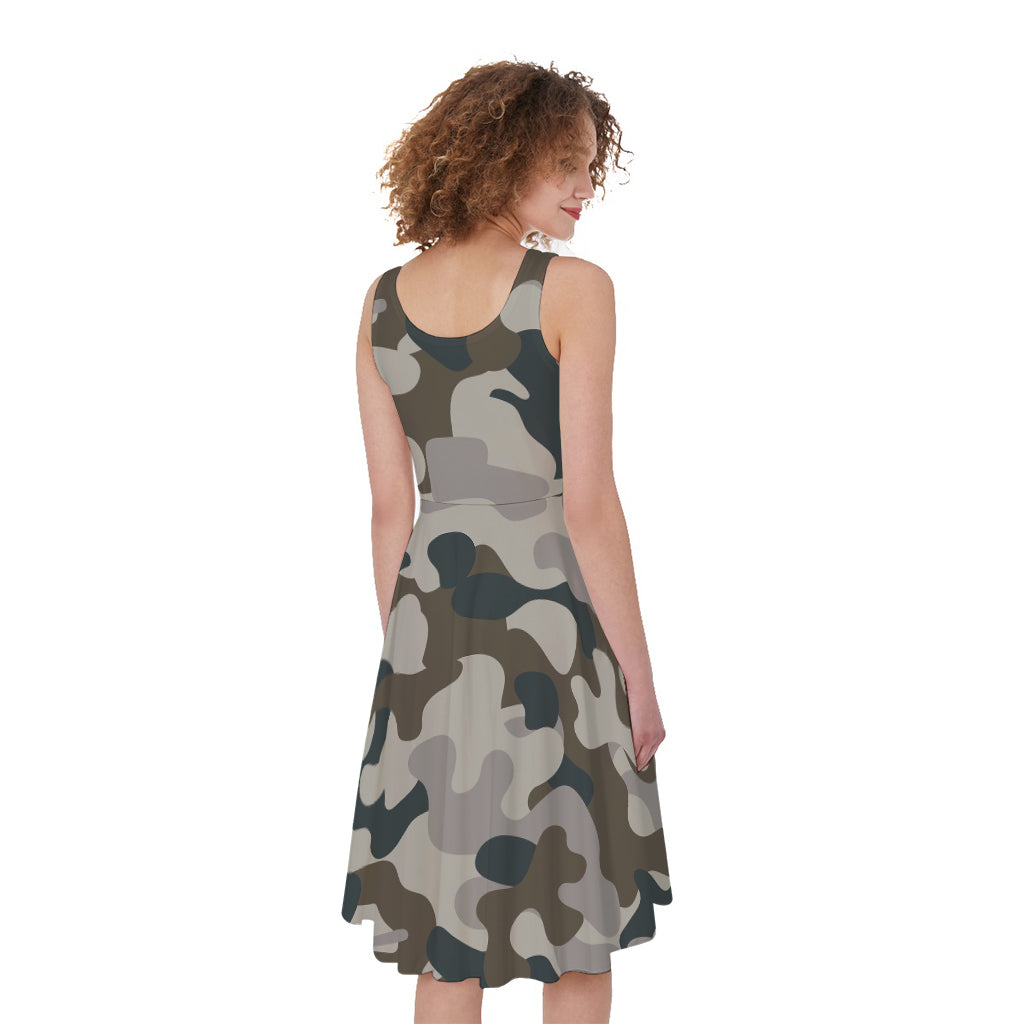 Grey And Brown Camouflage Print Women's Sleeveless Dress