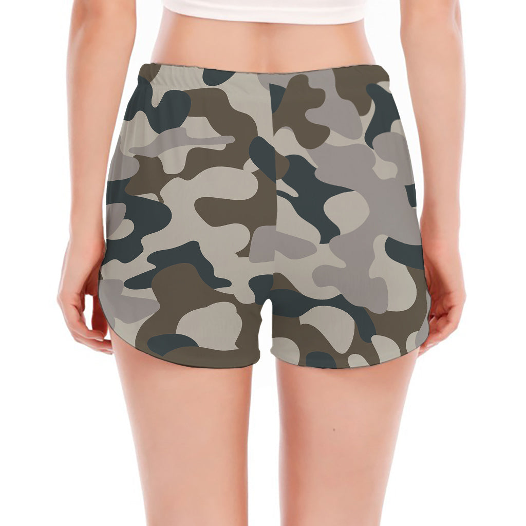 Grey And Brown Camouflage Print Women's Split Running Shorts