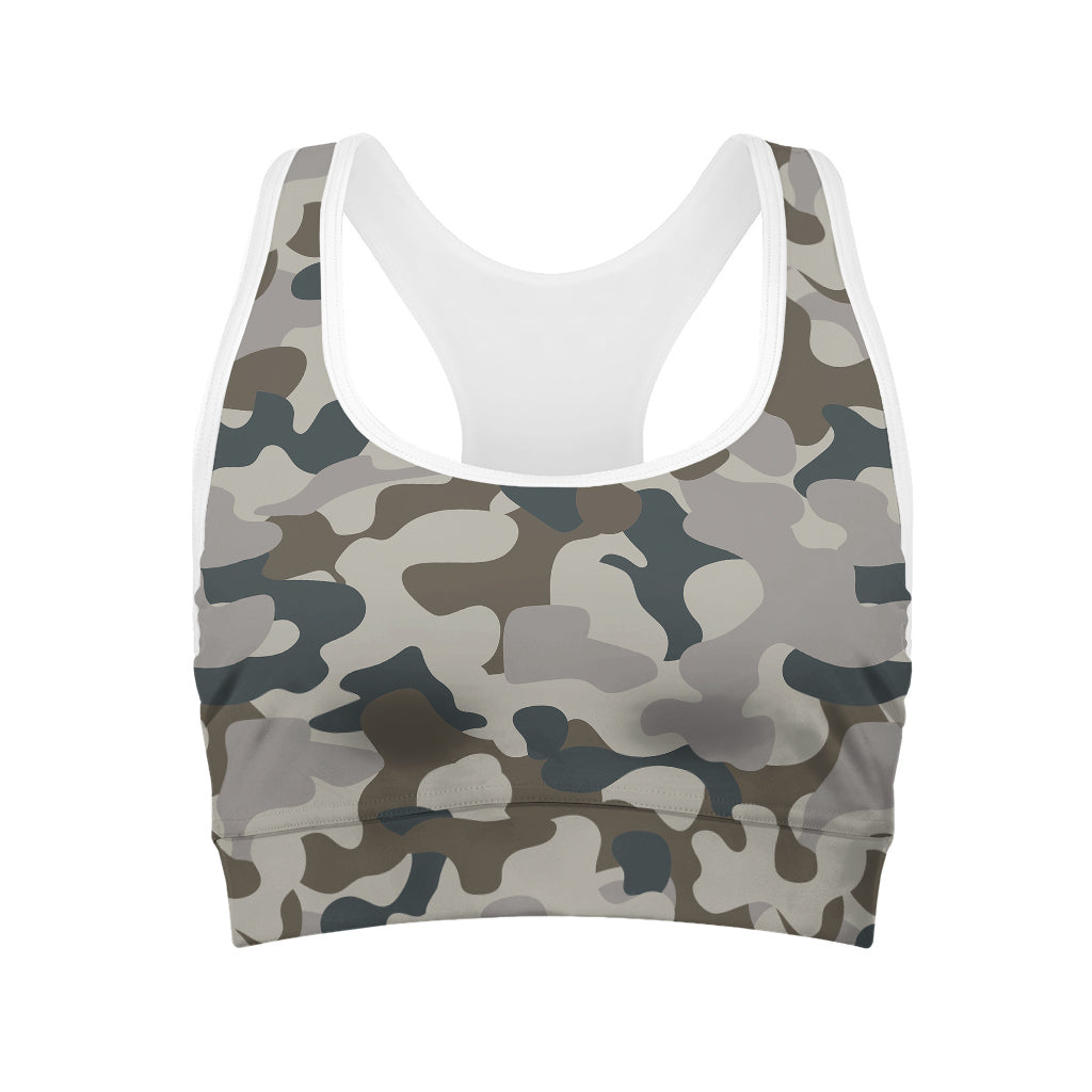 Grey And Brown Camouflage Print Women's Sports Bra