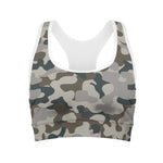 Grey And Brown Camouflage Print Women's Sports Bra