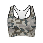 Grey And Brown Camouflage Print Women's Sports Bra