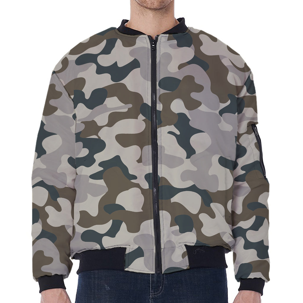 Grey And Brown Camouflage Print Zip Sleeve Bomber Jacket