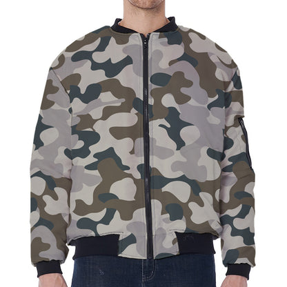 Grey And Brown Camouflage Print Zip Sleeve Bomber Jacket