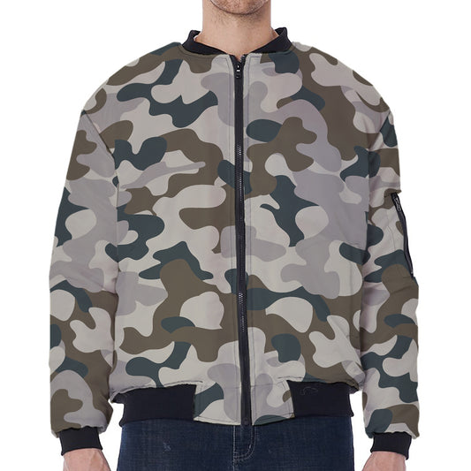 Grey And Brown Camouflage Print Zip Sleeve Bomber Jacket