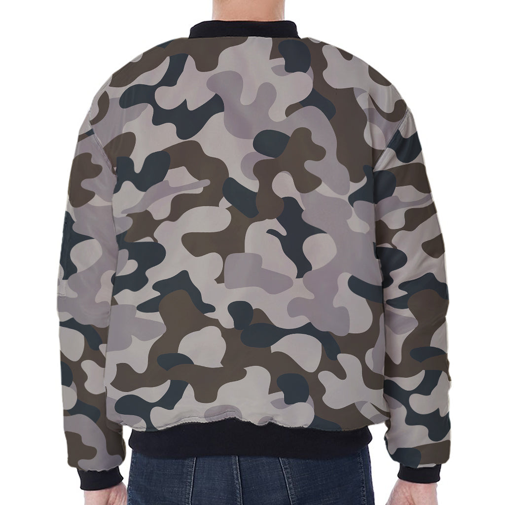 Grey And Brown Camouflage Print Zip Sleeve Bomber Jacket