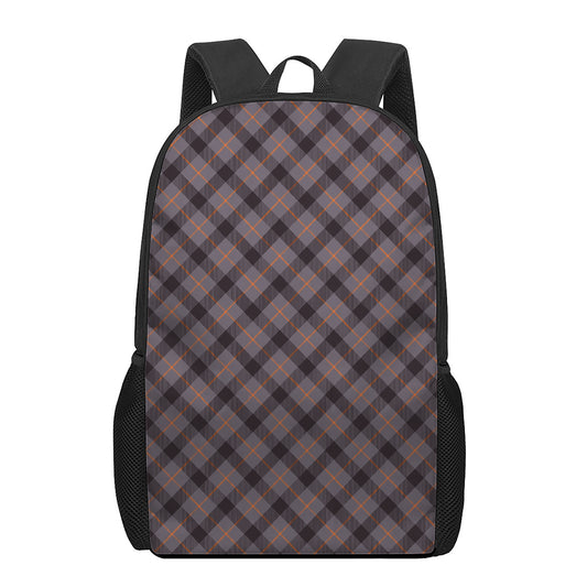 Grey And Orange Plaid Pattern Print 17 Inch Backpack