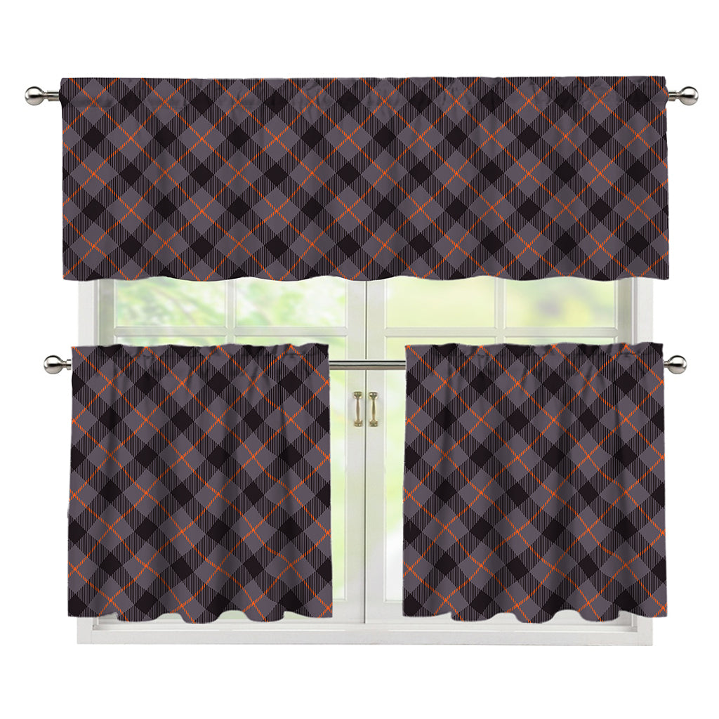 Grey And Orange Plaid Pattern Print 3 Piece Kitchen Curtains