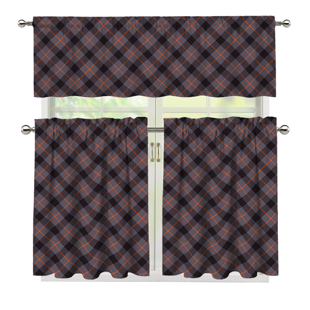 Grey And Orange Plaid Pattern Print 3 Piece Kitchen Curtains