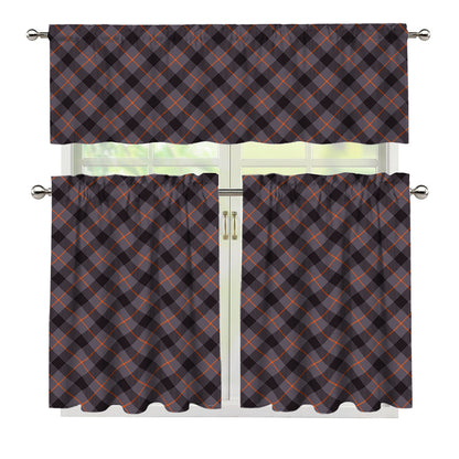 Grey And Orange Plaid Pattern Print 3 Piece Kitchen Curtains