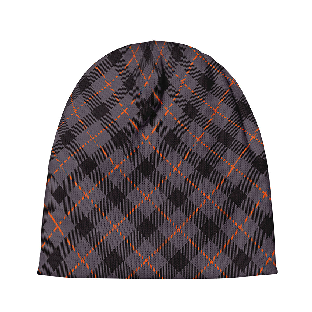 Grey And Orange Plaid Pattern Print Beanie