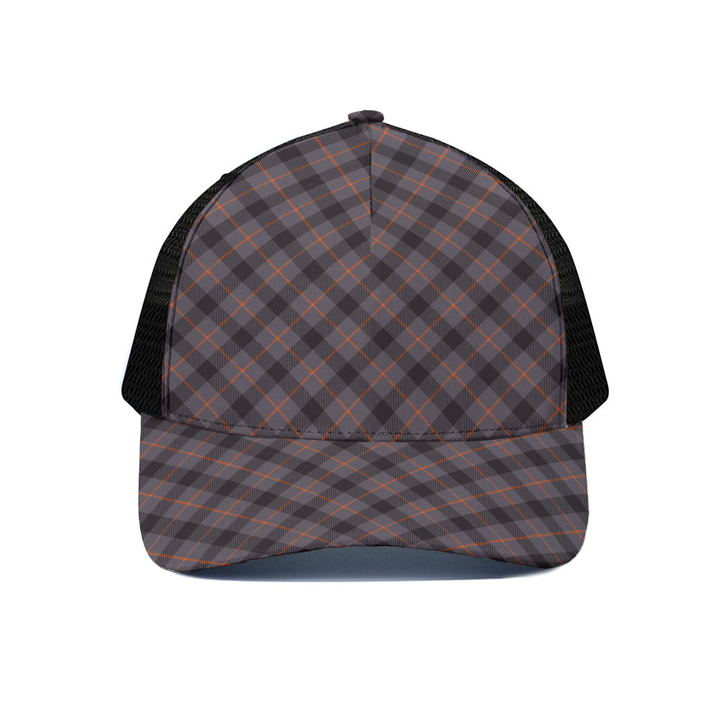 Grey And Orange Plaid Pattern Print Black Mesh Trucker Cap