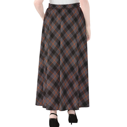 Grey And Orange Plaid Pattern Print Chiffon Maxi Skirt