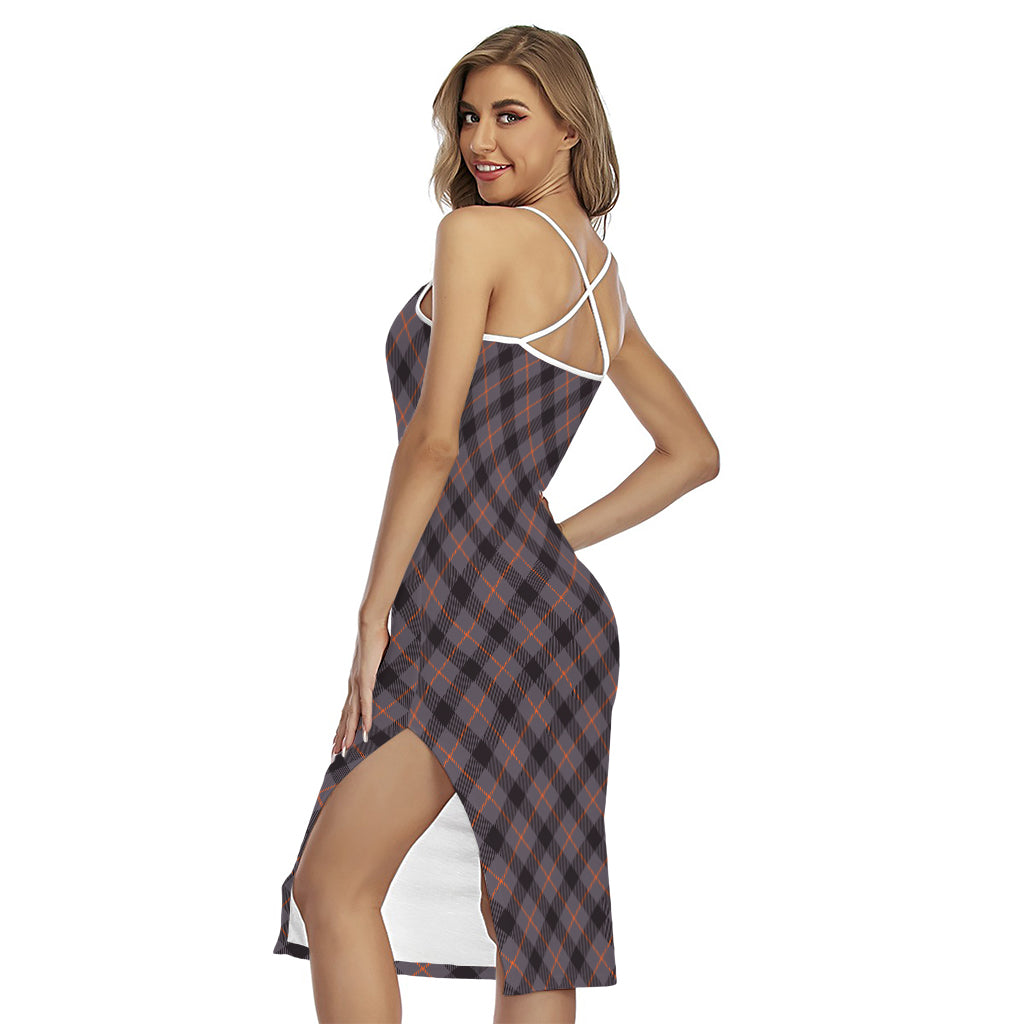 Grey And Orange Plaid Pattern Print Cross Back Cami Dress