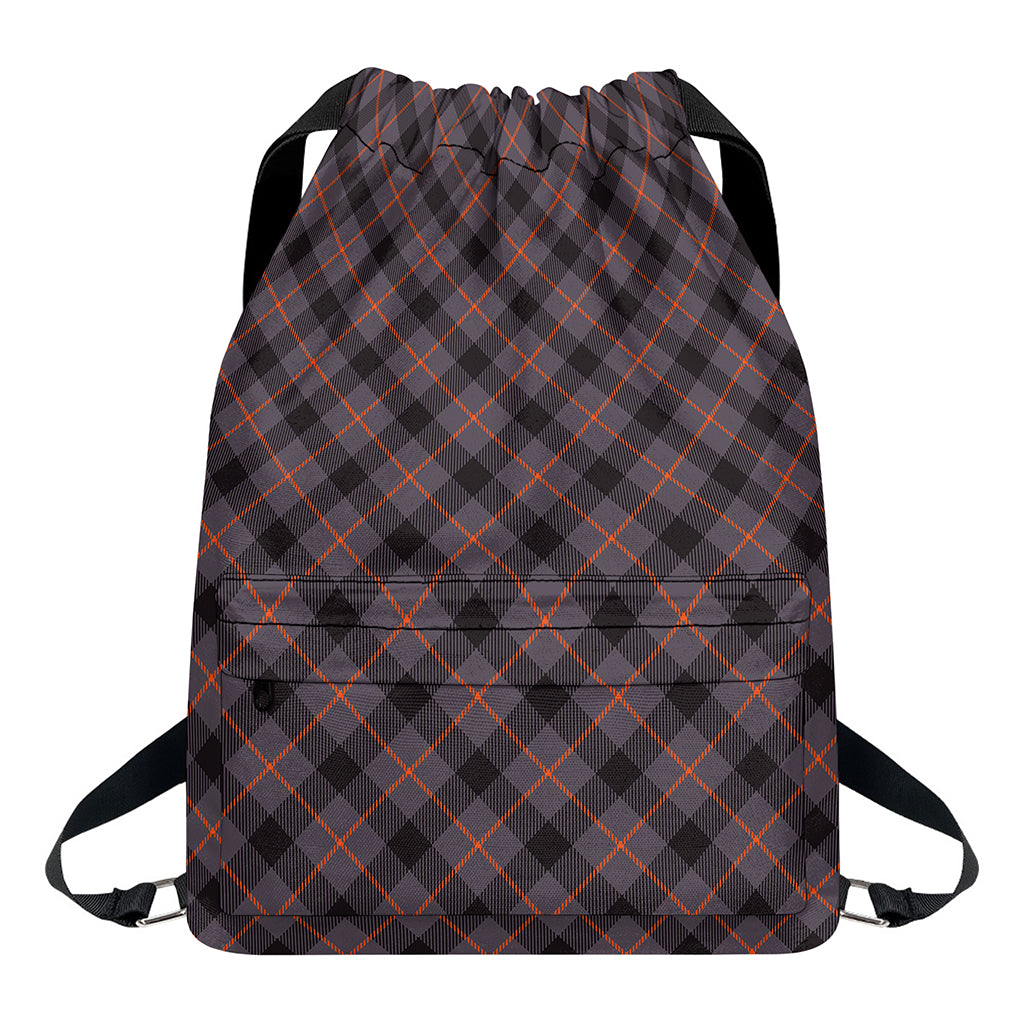 Grey And Orange Plaid Pattern Print Drawstring Backpack