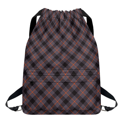 Grey And Orange Plaid Pattern Print Drawstring Backpack