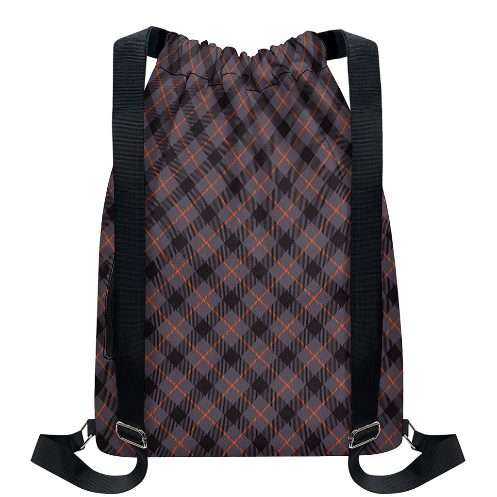 Grey And Orange Plaid Pattern Print Drawstring Backpack