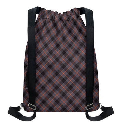 Grey And Orange Plaid Pattern Print Drawstring Backpack