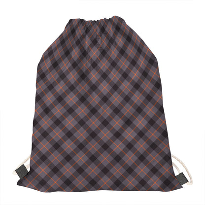 Grey And Orange Plaid Pattern Print Drawstring Bag