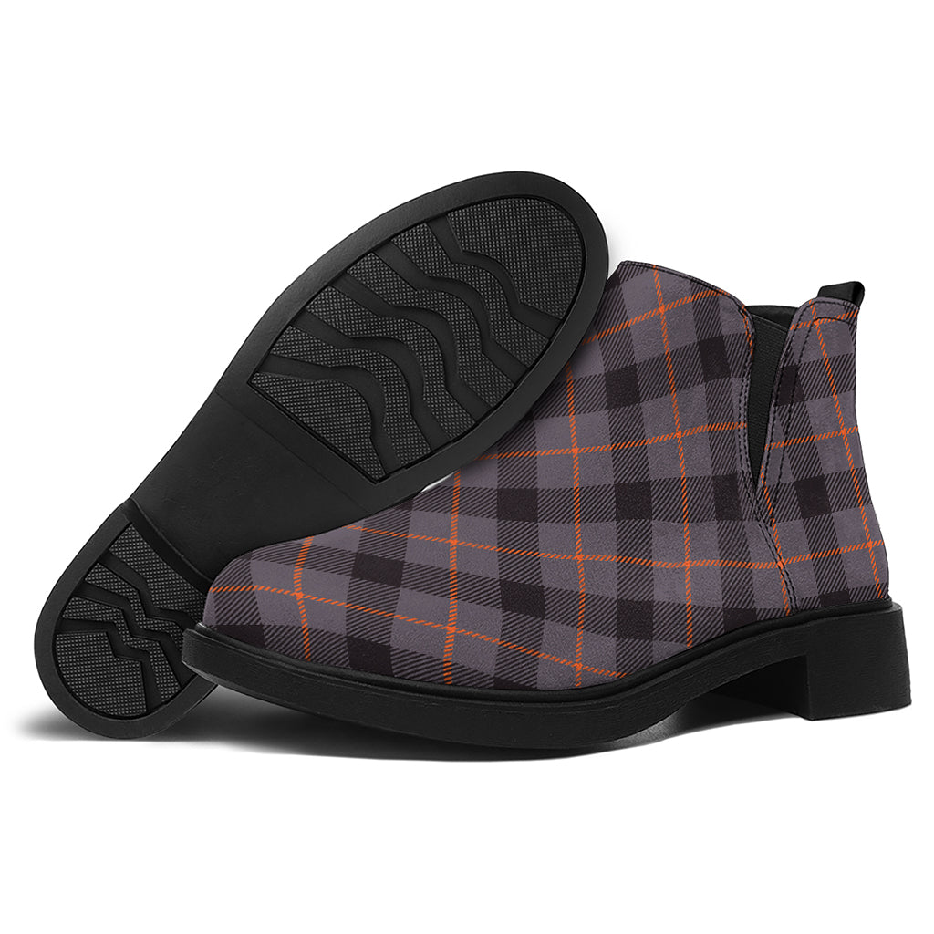 Grey And Orange Plaid Pattern Print Flat Ankle Boots