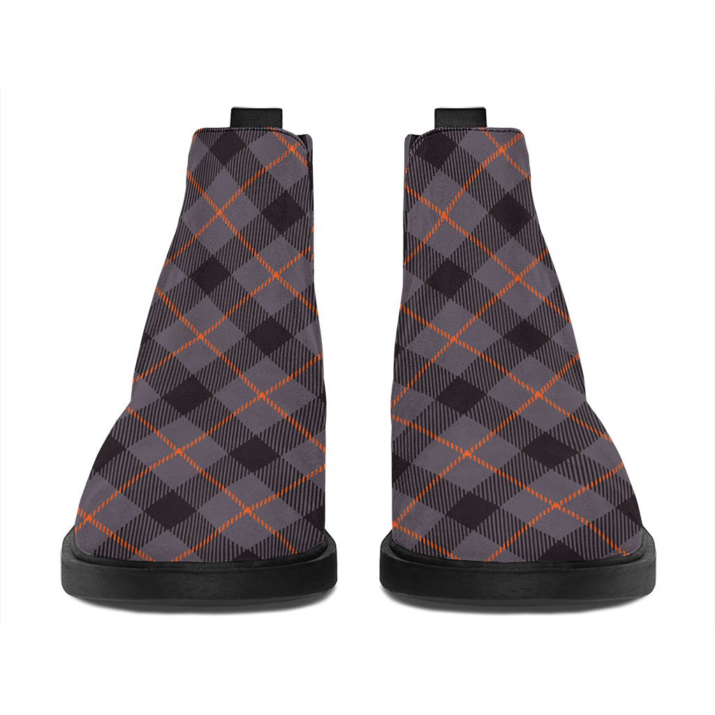 Grey And Orange Plaid Pattern Print Flat Ankle Boots