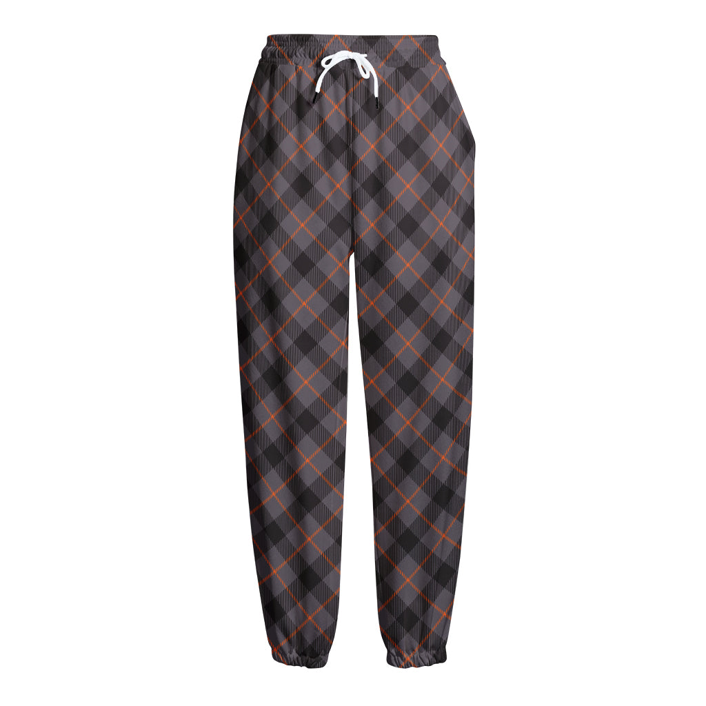 Grey And Orange Plaid Pattern Print Fleece Lined Knit Pants