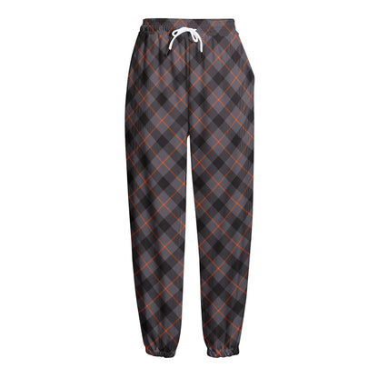 Grey And Orange Plaid Pattern Print Fleece Lined Knit Pants