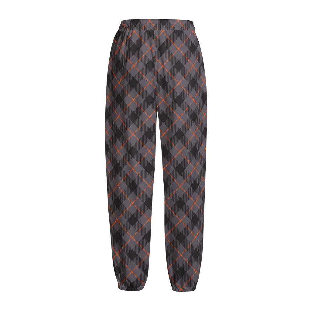 Grey And Orange Plaid Pattern Print Fleece Lined Knit Pants